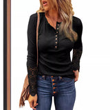 Nukty Women's Clothing Hot Round Neck Splicing Lace Sleeves Loose Solid Color Long-sleeved T-shirt