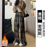 fall outfits aesthetic Retro Plaid Pants Women's Straight Pants Autumn and Winter New Brushed American Casual Pants High Waist Slimming Narrow Wide Leg Pants