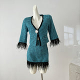 Nukty-shop outfit inspo Diamond Buckle Black Blue Fragrant Woven Top + Skirt Ostrich Feather Suit