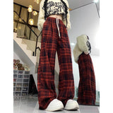 Nukty-shop fall outfits aesthetic Retro Brushed Plaid Casual Pants Women's Autumn New High Waist Straight Pants Slimming Wide Leg Mop Long Pants