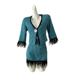 outfit inspo Diamond Buckle Black Blue Fragrant Woven Top + Skirt Ostrich Feather Suit