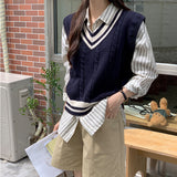 Nukty-shop business casual outfits Preppy Style Contrast Color V-neck Knitted Vest Women's Clothing Autumn New Design Sleeveless Sweater Vest Top Outer Wear