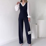 business casual outfits woman 2024 Women's Autumn Contrast Color Stitching Fashion High Waist Striped Straight Jumpsuit Women