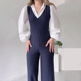 business casual outfits woman 2024 Women's Autumn Contrast Color Stitching Fashion High Waist Striped Straight Jumpsuit Women