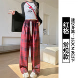 fall outfits aesthetic Retro Plaid Pants Women's Straight Pants Autumn and Winter New Brushed American Casual Pants High Waist Slimming Narrow Wide Leg Pants