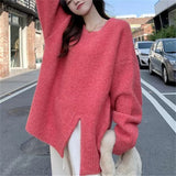 Nukty-shop fall outfits aesthetic Lazy Style Round Neck Split Autumn and Winter New Soft Nuo Sweater Simple Loose All-Match Outer Sweater Women's Clothing