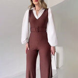 business casual outfits woman 2024 Women's Autumn Contrast Color Stitching Fashion High Waist Striped Straight Jumpsuit Women