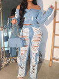 Sexy Womens Outfit High Waist Pocket Design Ripped Jeans Pants Autumn Summer Spring New Fashion Casual