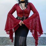 Nukty Lace See Through Mall Gothic Aesthetic Bodysuits Flare Sleeve Grunge Sexy Women Tops Punk Bodycon V-neck Alt Bodysuit