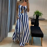 Nukty Womens Two Piece Sets Outfit Striped Sexy Navel Exposed Bra Long Upper Pants Skirt Set New Fashion 2024 Summer Casual