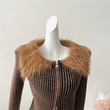 Nukty Cropped Jacket Women Winter Warm Fur Trim Button Up Top Streetwear Harajuku Vintage Long Sleeve Brown Jackets Coat