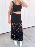 Nukty Women Solid Color Knit Two Piece Set Sleeveless Tank Tops + Hollow Out Hem Bodycon Long Skirt Summer Y2K Casual Streetwear