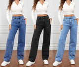 Nukty Denim Jeans Women Straight Pants Washing High Waist Loose Pockets Basics Ankle Length Y2k Blue Pants Streetwear Slight Strech