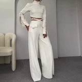 Nukty Women Pant Set Work Two Piece Sets Turtleneck Full Sleeve Tops Sexy Wide Leg Long Pants Loose Casual Elegant Matching Sets