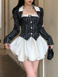 Elegant 2 Piece Dress Set Woman Black Crop Tops + Slim Sleeveless Y2k Mini Dress Corest Corset Korean Fashion Suit Autumn