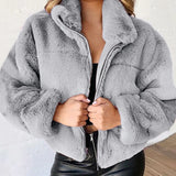 Nukty Rabbit Fur Imitation Fur Zipper Plush Warm Jacket Long Sleeve Short Coat Winter Women Crop Top Casual Solid New In Outwear Pink