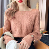 Nukty Casual Knitted Sweater Women Pullover Autumn Winter Soft Thick Warm Wool Jumper Female All-Match Square Collar Sweaters