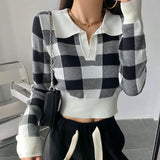 Nukty Autumn Winter Vintage Knitwear Crop Tops Women Pullover Sweaters Fashion Female Long Sleeve Elastic Casual Plaid Knitted Shirts