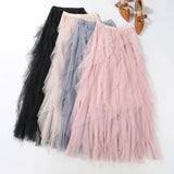 Nukty Tutu Tulle Midi Skirt Women Elegant Fashion High Waist  Irregular Pleated Mesh Long Skirt Spring Summer Party Female