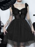 Nukty Gothic Y2K Dark Mesh See Through Corset Mini Dress Elf Girl Backless Slim Sexy E-Girl Darkness Street Grunge Tank Dress