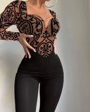 Nukty Jumpsuit Women Tribal Pattern Flocked Mesh Patch Long Sleeve Jumpsuit Autumn Europe and America Fashion Women's Clothing