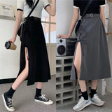 Nukty Vintage Dark Gothic High Split Mid-Calf Skirts Women Elegant Fashion Party Club High Waist Femme Bottom Streetwear Goth Skirt