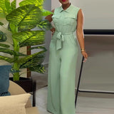 Nukty Spring Summer Sleeveless Wide Leg Jumpsuit Women Turn-down Neck Pocket Front Zipper Fly Street One Piece Suit Playsuits