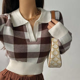 Nukty Autumn Winter Vintage Knitwear Crop Tops Women Pullover Sweaters Fashion Female Long Sleeve Elastic Casual Plaid Knitted Shirts
