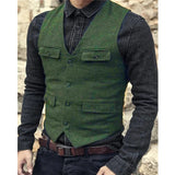 Nukty Suit Vest Brown Burgundy Herringbone Wool Tweed Vintage Steampunk Waistcoat Formal Business Vests for Men Wedding