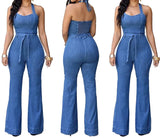 Nukty Women One Piece Solid Denim Jumpsuits Sleeveless V Neck Rompers Wide Leg Long Pants Overalls Sexy Slim Fit Hight Waist