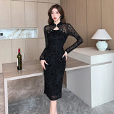 Nukty Vintage Sexy Black Lace Long Sleeve Midi Dresses Women Spring Autumn Korean Elegant Fashions Evening Party Female Clothing