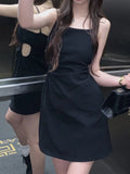 Nukty Dresses Women Hotsweet Spaghetti Strap Fashion Hollow Out Chic Summer Casual Streetwear Mini Korean Style Female Black Ulzzang