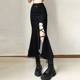 Nukty High Waist Women Mermaid Skirts American Style Designed Bandage Split Midi Skirt Y2K Fashion Streetwear Female Skirts Spring New