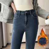 Nukty Fashion New Women Warm Plush Flared Jeans Thermal Fleece Loose Denim Pants Female High Waist Urban Straight Flare Trouser