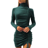 Nukty Autumn And Winter Women's Long-sleeved Tight-fitting Hip Skirt High-neck Tight-fitting Elegant Drawstring Velvet Dress