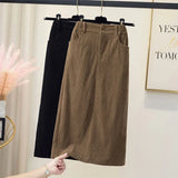 Nukty Korean Corduroy Skirts Women High Waist Pocket Autumn Winter Slim Wrap-Around Dress Elegant Fashion Casual Solid Lady Skirt