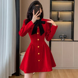 Nukty New Women's Tweed Pleated Mini Dress Autumn Long Sleeve Korean Style Single Breasted Ruffle Fashion Office Lady Vintage Dresses