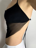 Nukty Sexy Transparent y2k Mesh Halter Tops Women V-neck Backless Korean Solid Crop Tops Fashion Korean Camisole 90s Tee