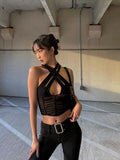 Nukty Y2K Sexy Hollow Women Halter Tank Tops Sleeveless Ruched Patchwork Mesh Camisole Clubwear Fashion Solid Vest Outfit