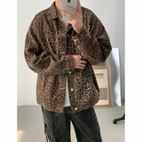 Nukty Hip Hop Men's Vintage Leopard Print Denim Jackets  Autumn Fashion Lapel Collar Zipper Jacket Coat Holiday Jackets Streetwear