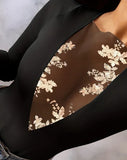 Nukty Woman Sexy Floral Sequin Sheer Mesh Patch Bodysuit New Female Casual Clothing Night Out Women's Fashion Plunge Skinny Tops