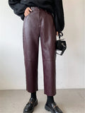 Nukty Autumn Winter PU Faux Leather Women's Wide Leg Pants High Waist Female Casual Loose Ankle Length Trousers New