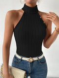 New Spring Summer Women Fashion Turtleneck Sleeveless Black Sexy Y2k Knitted Tees Femme Sweater Button Tank