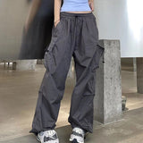 Nukty Hip Hop Women Cargo Pants Streetwear All Match Y2K Wide Leg Pants Korean Elastic Waist Sweatpants Female Chic Trousers