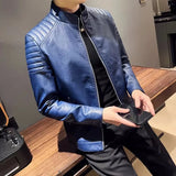 Nukty Spring New Men Solid Color Fashion Long Sleeve Faux Leather Coats Male Stand Collar Leather Jacket