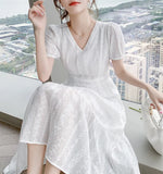 Nukty French White Long Dress For Woman Summer Bohemia Slim Beach Maxi Dress Short Sleeve V Neck Elegant Female Dresses Office Holiday