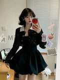 Nukty Winter French Elegant One Piece Dress Women Black Patchwork Vintage Party Mini Dress Female Korean Style Sweet Chic Dress