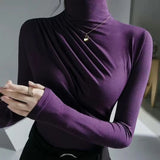 Nukty High Neck Slim Folded T-Shirt & Blouses Trend New Basic Autumn Solid Elegant Office Lady Casual All-Match Long Sleeve Top