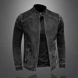 Nukty High Quality Men's Denim Jackets Black Stand Collar Motorcycle Outerwear Cotton Vintage Bomber Jacket Mens Moto Biker Denim Coat