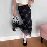 Nukty y2k Floral Print Midi Skirts Women High Waisted Velvet Long Skirts Vintage Punk Gothic Grunge Slim Split Bottom Korean